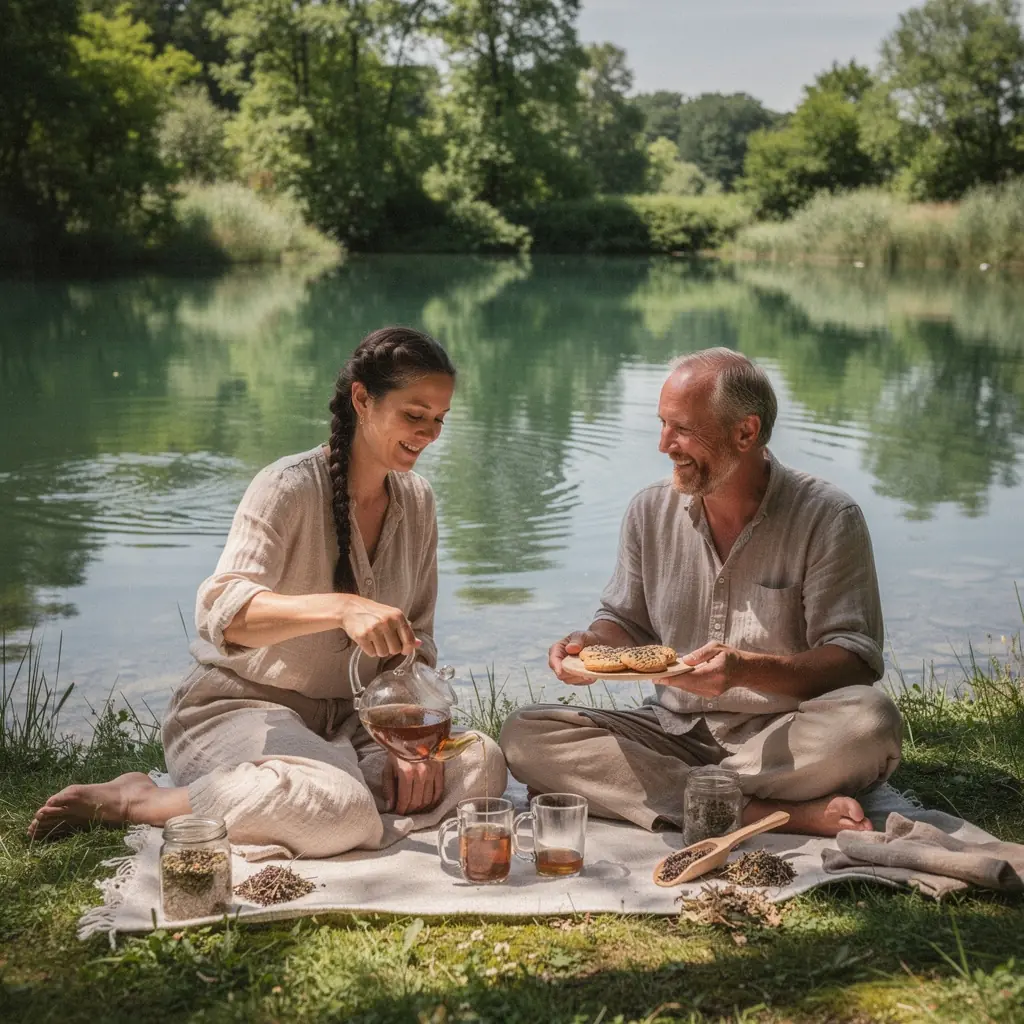 Biljni čajevi u staklenim posudama s raznobojnim etiketama na polici.