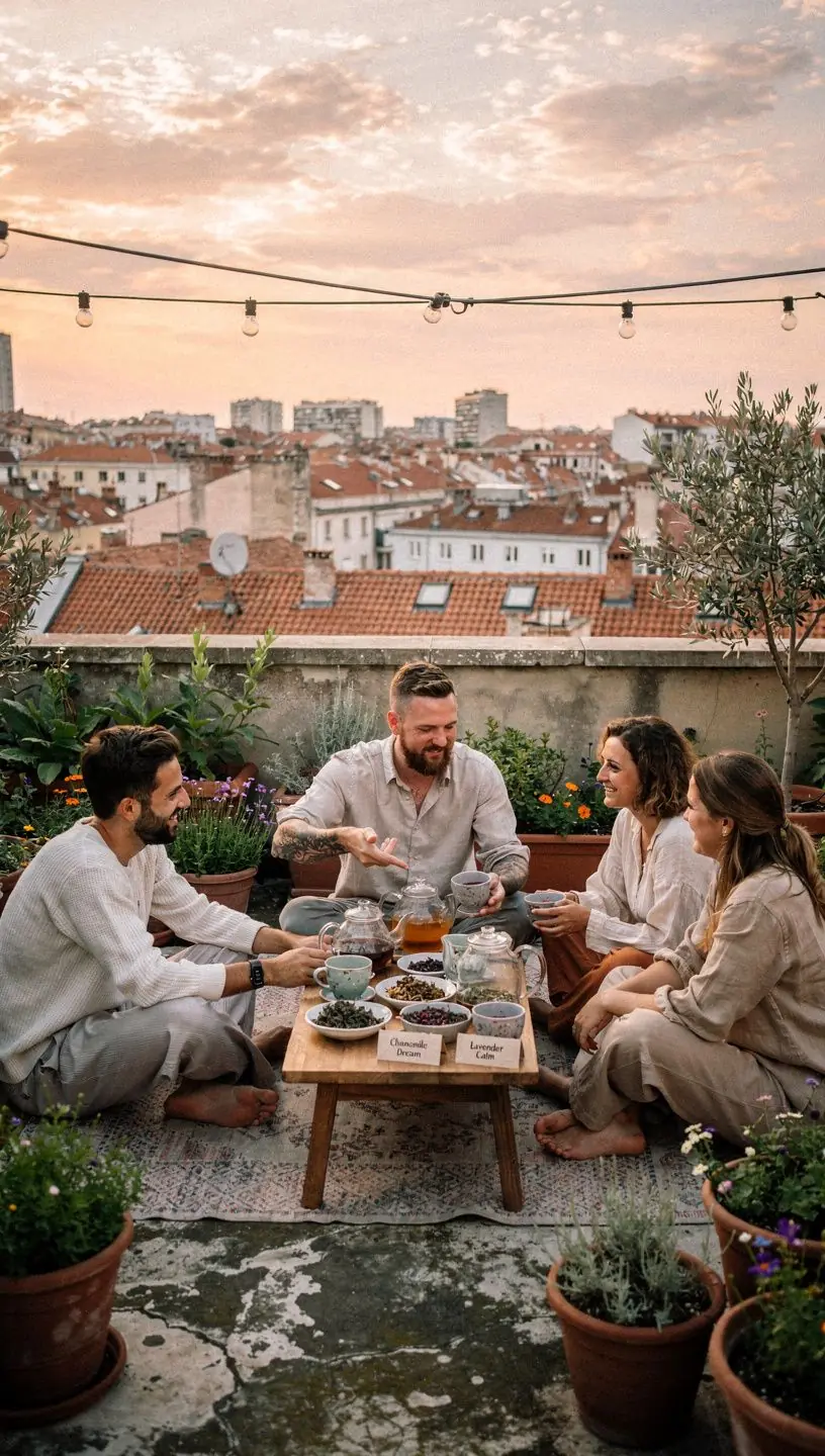 Zeleni čaj u šalici postavljen na drvenom stolu s mirisnim biljem oko njega